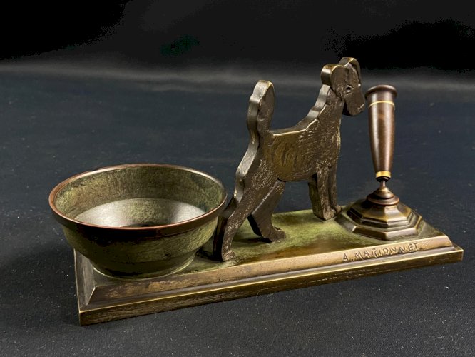 Porte-stylo de bureau vide poche chien Fox-terrier bronze Art déco A. Marionnet