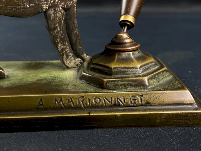Porte-stylo de bureau vide poche chien Fox-terrier bronze Art déco A. Marionnet