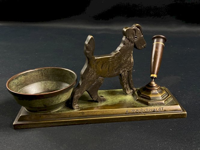 Porte-stylo de bureau vide poche chien Fox-terrier bronze Art déco A. Marionnet