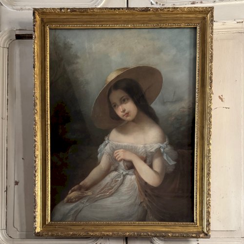 Portrait de jeune fille pastel sur toile milieu XIXe par Claude Gros A5699
