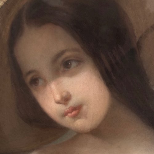 Portrait de jeune fille pastel sur toile milieu XIXe par Claude Gros A5699