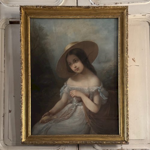 Portrait de jeune fille pastel sur toile milieu XIXe par Claude Gros A5699