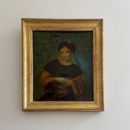 Portrait de jeune fille XVIIIe fixé sous verre cadre à baguette A5685