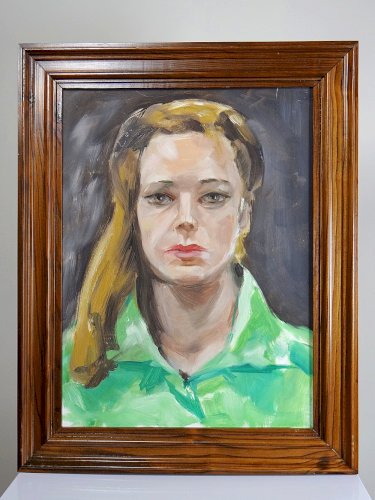 Portrait La Femme en vert vintage huile sur carton entoilé encadrement bois