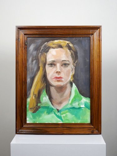 Portrait La Femme en vert vintage huile sur carton entoilé encadrement bois