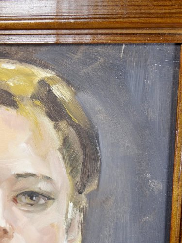 Portrait La Femme en vert vintage huile sur carton entoilé encadrement bois