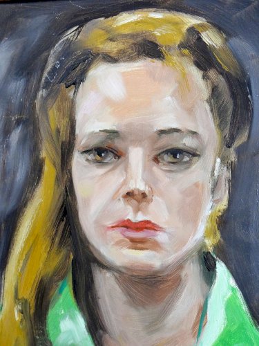 Portrait La Femme en vert vintage huile sur carton entoilé encadrement bois