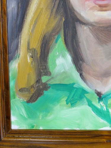 Portrait La Femme en vert vintage huile sur carton entoilé encadrement bois