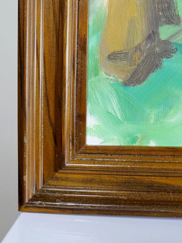 Portrait La Femme en vert vintage huile sur carton entoilé encadrement bois