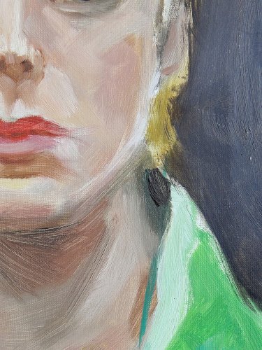 Portrait La Femme en vert vintage huile sur carton entoilé encadrement bois