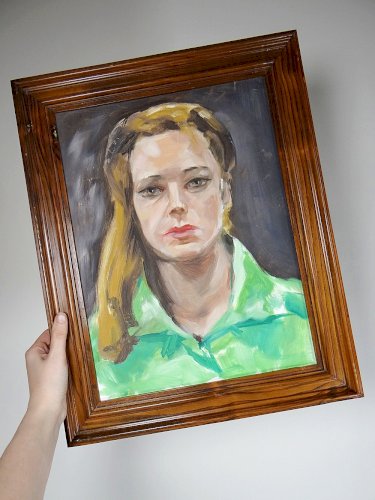 Portrait La Femme en vert vintage huile sur carton entoilé encadrement bois