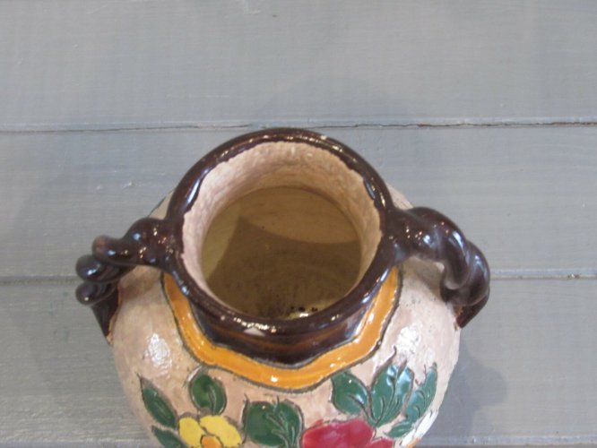 Pot à anses tressées décor floral Jean Massier Vallauris