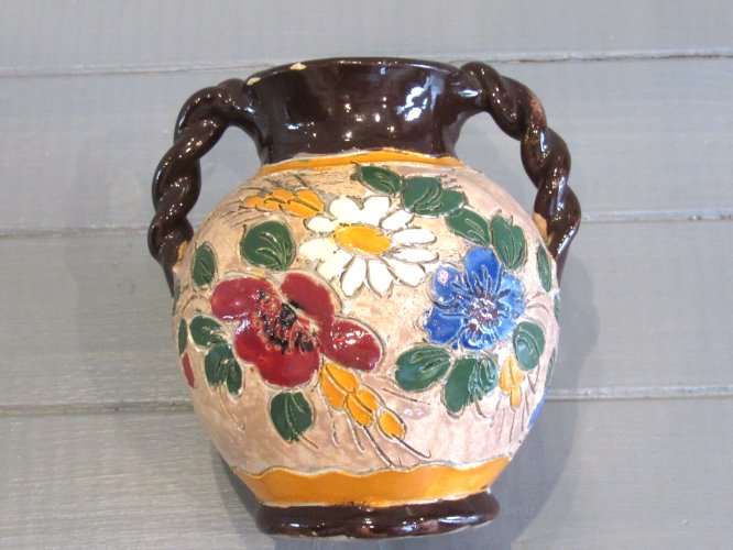 Pot à anses tressées décor floral Jean Massier Vallauris