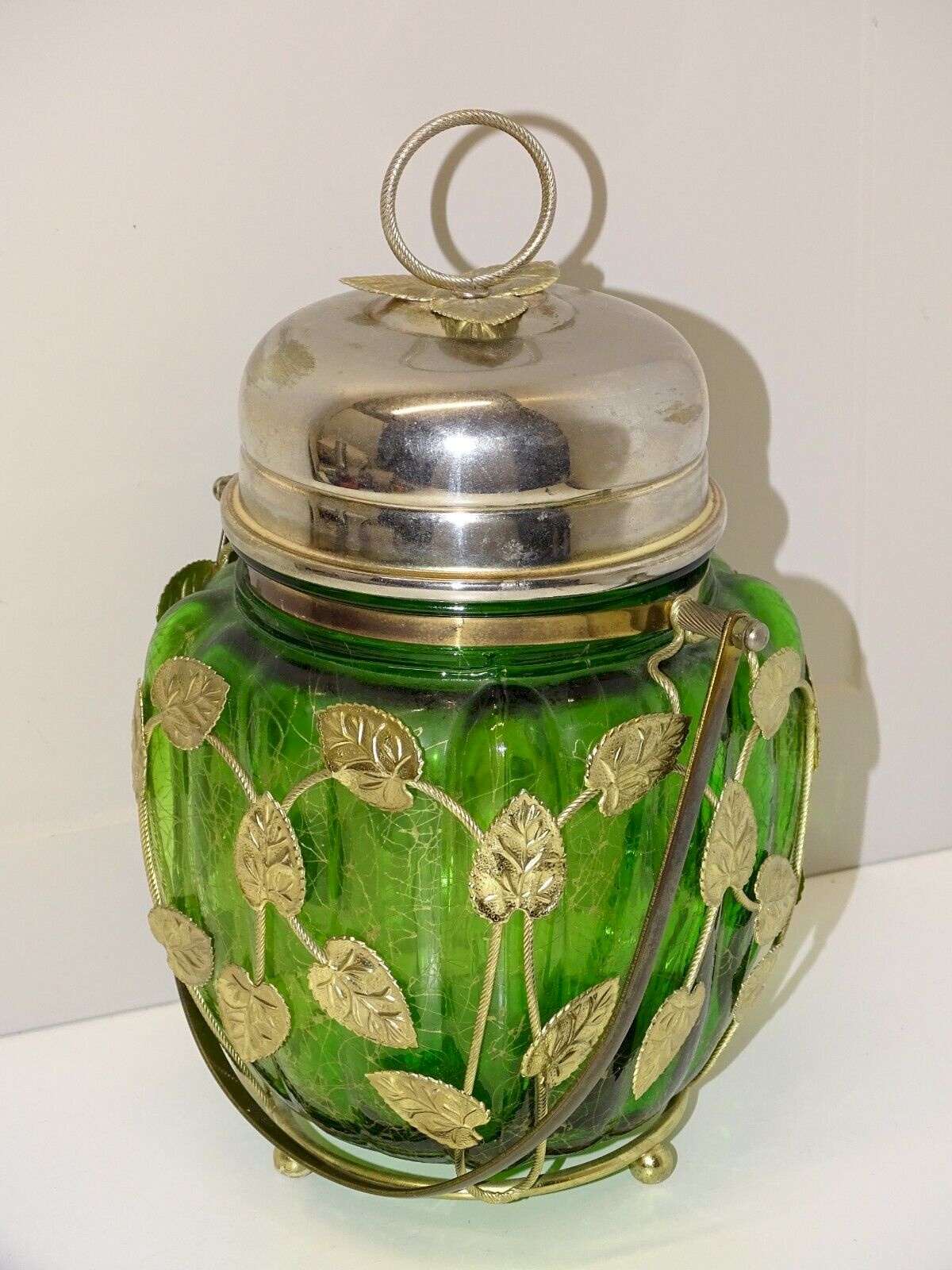 Ancien pot / seau à biscuit Doré/Vert Métal