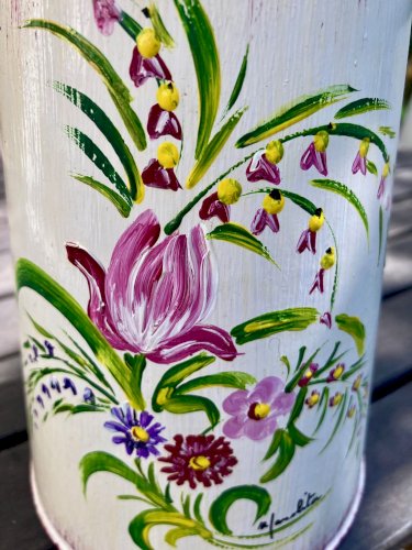 Pot à lait de ferme authentique peint à la main à décor floral signé