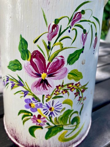 Pot à lait de ferme authentique peint à la main à décor floral signé