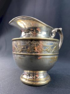 Silver-plated metal milk jug in English neoclassical style, monogrammed