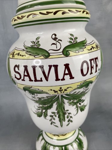 Pot à pharmacie apothicaire SALVIA OFF.  (sauge officinale) en faience Sylvena