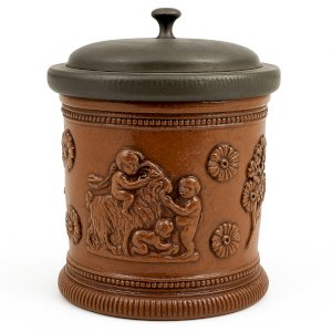 Antique stoneware tobacco jar from Beauvaisis – Relief putti – Pewter lid – 19th century