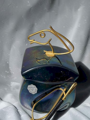 Pot à tabac porte-pipe vintage DENICOTEA France – Céramique d’Art irisée bleu – Années 1960/70 – Décor cheval
