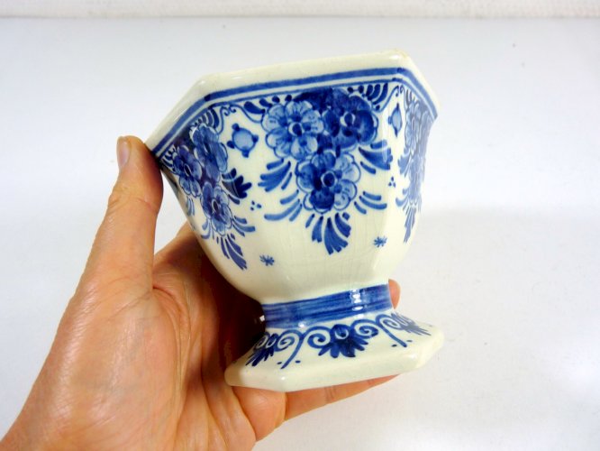Pot couvert hexagonale faience Delft & métal argenté poinçon orfèvre H. Hooykaas
