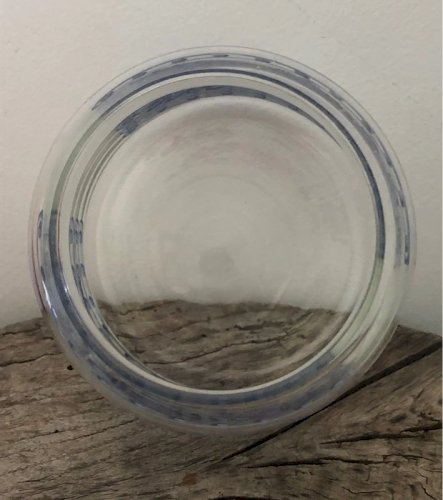 Pot en verre vintage motifs bleus en excellent état  Hauteur totale 14 cm Diamètre de la base 10 cm