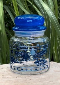 Pot en verre vintage motifs bleus