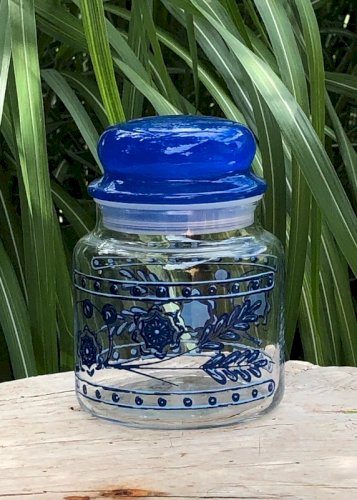 Pot en verre vintage motifs bleus