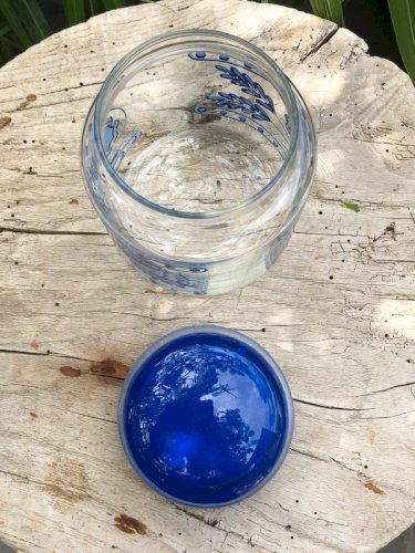 Pot en verre vintage motifs bleus