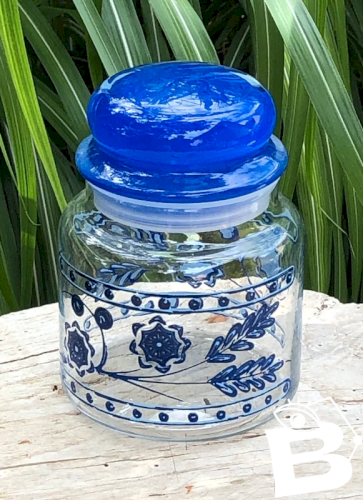 Pot en verre vintage motifs bleus