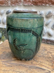 Pot Style Martaban Antique Bleu, 1800s Terre Cuite Vernissé Chine Art