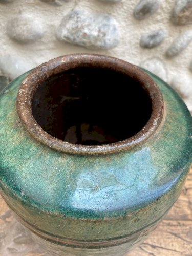 Pot Style Martaban Antique Bleu, 1800s Terre Cuite Vernissé Chine Art