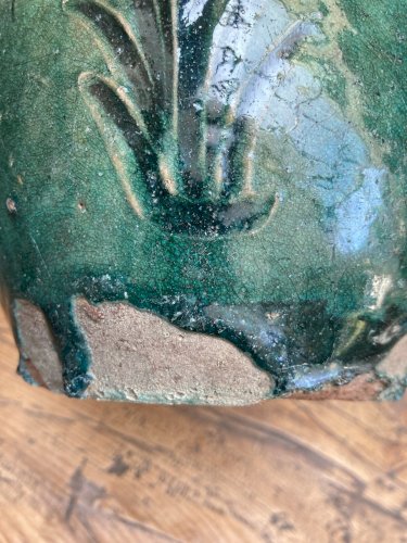 Pot Style Martaban Antique Bleu, 1800s Terre Cuite Vernissé Chine Art