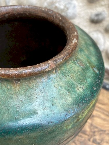 Pot Style Martaban Antique Bleu, 1800s Terre Cuite Vernissé Chine Art