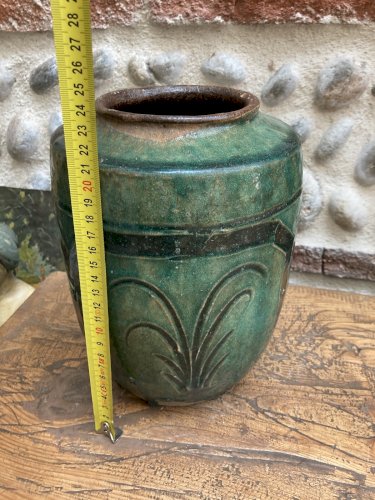 Pot Style Martaban Antique Bleu, 1800s Terre Cuite Vernissé Chine Art
