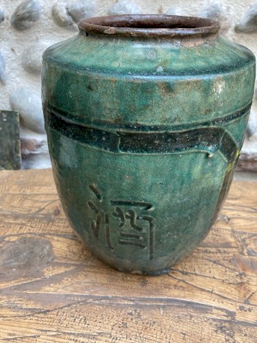 Pot Style Martaban Antique Bleu, 1800s Terre Cuite Vernissé Chine Art
