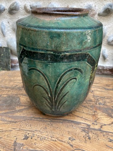 Pot Style Martaban Antique Bleu, 1800s Terre Cuite Vernissé Chine Art