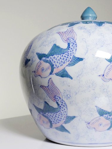 Potiche ou vase couvert chinois vintage motifs de carpes koï