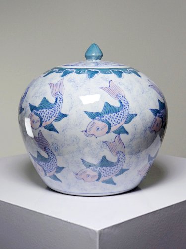 Potiche ou vase couvert chinois vintage motifs de carpes koï