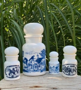 Pots d apothicaire vintage blancs et bleus en opaline