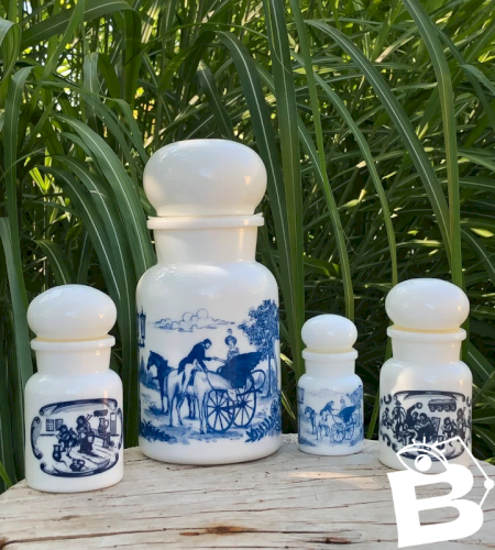 Pots d apothicaire vintage blancs et bleus en opaline