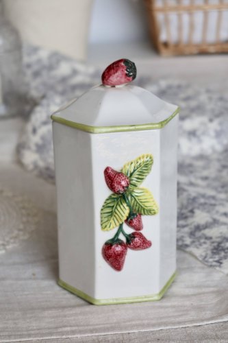 Pots de conservation vintage faïence et barbotine – Motifs fraise et olive