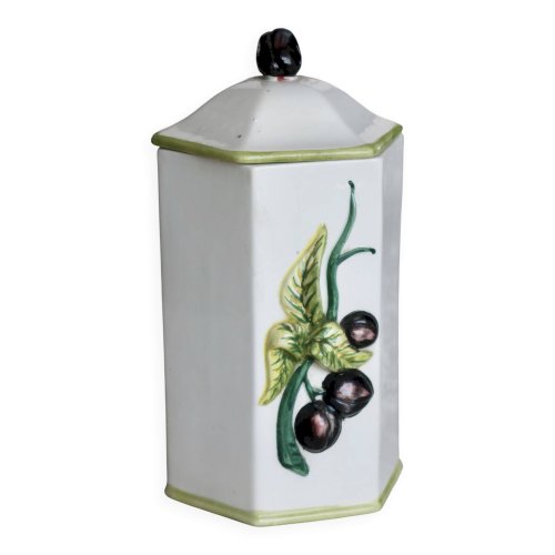 Pots de conservation vintage faïence et barbotine – Motifs fraise et olive