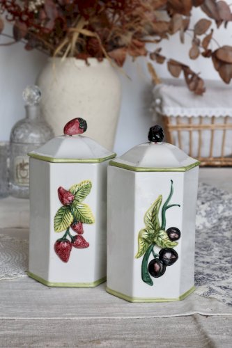 Pots de conservation vintage faïence et barbotine – Motifs fraise et olive