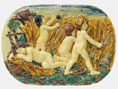"Putti at the Harvest" Polychrome orcelain group 20th century by S SERGENT