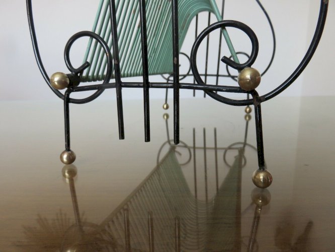 RANGE VINYLES LYRE METAL LAQUE VERT ET NOIR ET LAITON ANNEES 50 60 VINTAGE