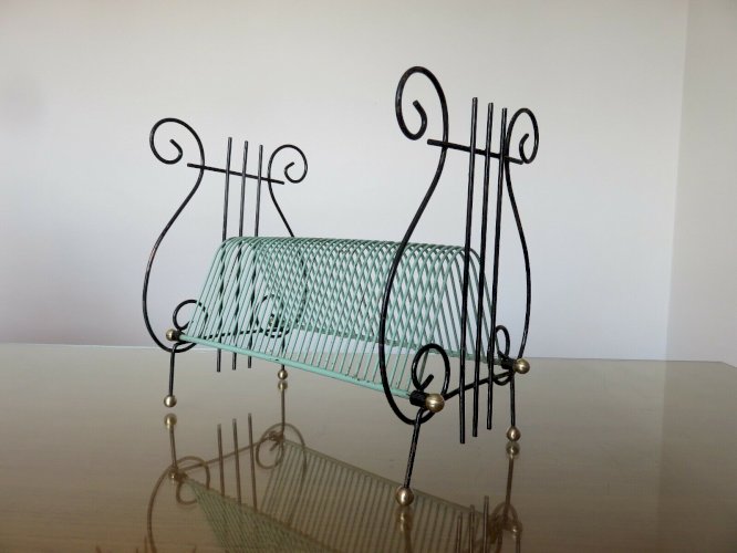 RANGE VINYLES LYRE METAL LAQUE VERT ET NOIR ET LAITON ANNEES 50 60 VINTAGE