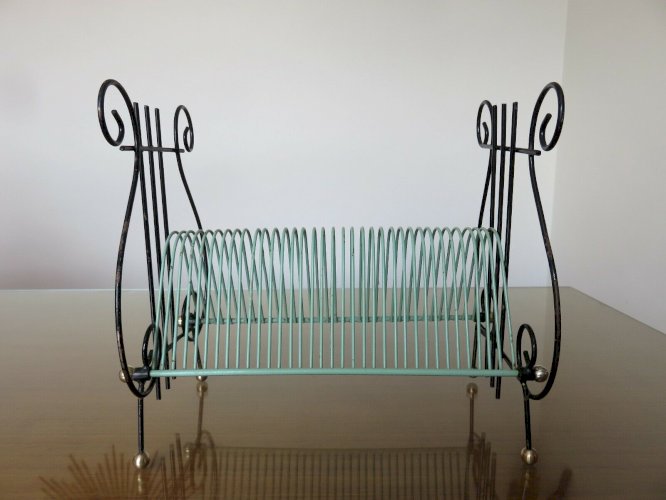 RANGE VINYLES LYRE METAL LAQUE VERT ET NOIR ET LAITON ANNEES 50 60 VINTAGE