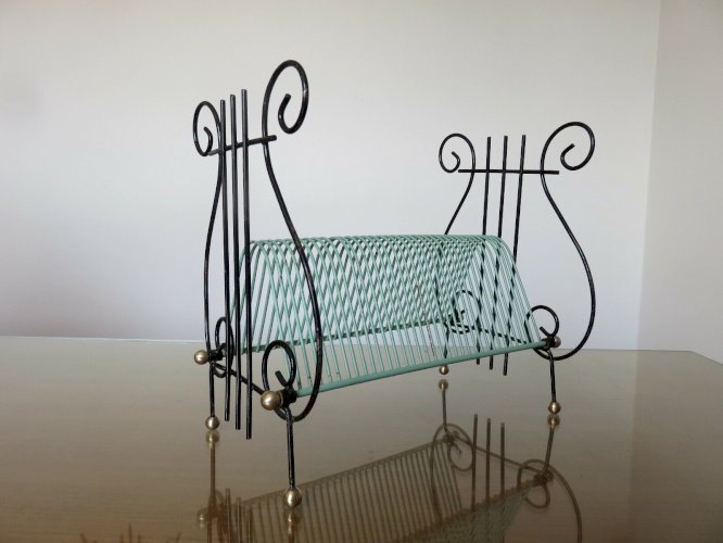 RANGE VINYLES LYRE METAL LAQUE VERT ET NOIR ET LAITON ANNEES 50 60 VINTAGE