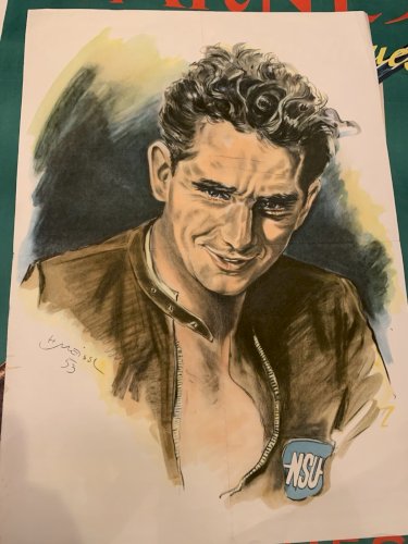 Rare affiche originale publicitaire  motard moto NSU 1953 James Dean style